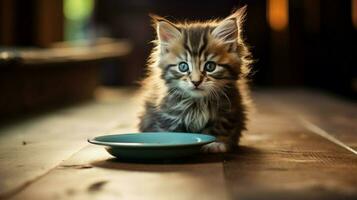 fluffy kitten eating from saucer on wooden table indoors photo