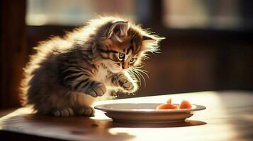 fluffy kitten eating from saucer on wooden table indoors photo