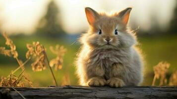 fluffy young rabbit sitting outdoors looking at camera photo