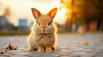 fluffy young rabbit sitting outdoors looking at camera photo