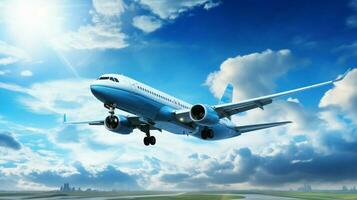 flying commercial airplane taking off into bright blue photo