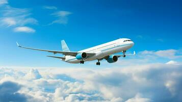 flying commercial airplane taking off into bright blue photo