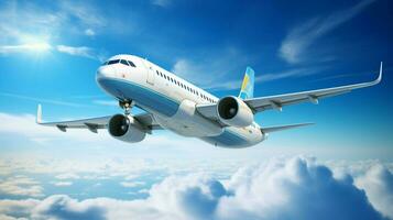 flying commercial airplane taking off into bright blue photo