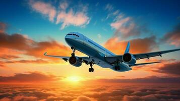 flying passenger airplane taking off into blue sunset sky photo