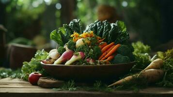 foreground focus on rustic bowl of fresh organic vegetable photo
