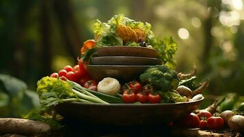 foreground focus on rustic bowl of fresh organic vegetable photo