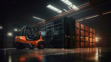 forklift transporting cargo container in industrial warehouse photo