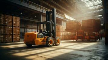 forklift transporting cargo container in industrial warehouse photo