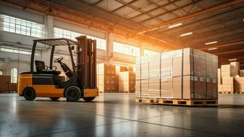 forklift transporting cargo container in distribution war photo