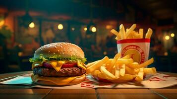 francés papas fritas y hamburguesa en rápido comida restaurante foto