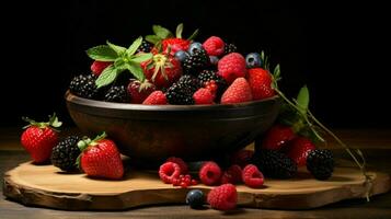 fresh berry fruits in a decorative wooden bowl photo