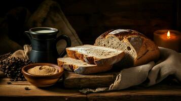 fresh bread hot coffee rustic homemade meal photo