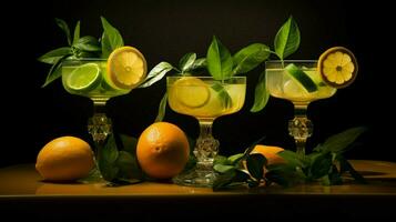 fresh citrus fruits cocktails with lleafs photo