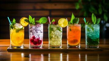 fresh cocktails on wooden table with leafs photo