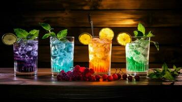 fresh cocktails on wooden table with leafs photo