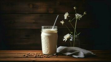 fresh creamy milkshake on wooden table photo