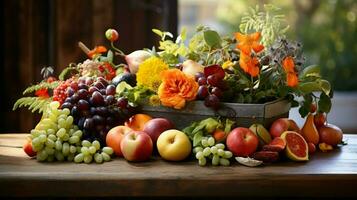 Fresco Fruta y verduras en rústico mesa arreglo foto