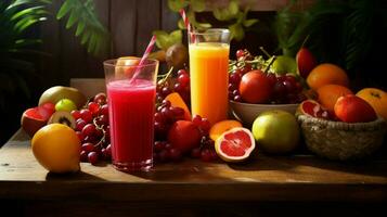 fresh fruit juice over wooden kitchen table photo