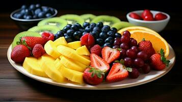 Fresco Fruta en un plato un dulce y sano bocadillo foto