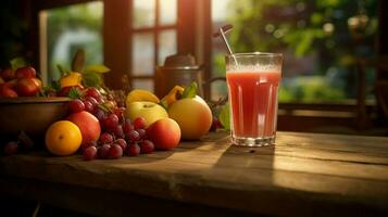 fresh fruit juice over wooden kitchen table photo