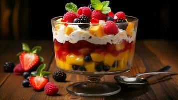 fresh fruity dessert on a wooden table photo