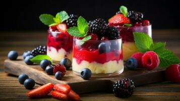 fresh fruity dessert on a wooden table photo