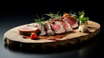 fresh gourmet meat appetizer on wooden plate photo