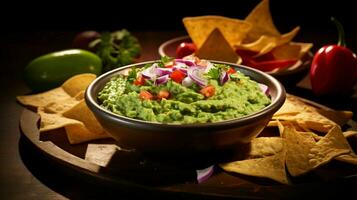 Fresco guacamole un sabroso inmersión servido con crujiente tortilla foto