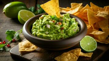 Fresco guacamole un sabroso inmersión servido con crujiente tortilla foto