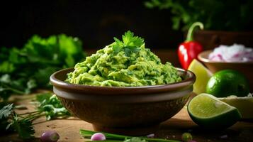 Fresco guacamole inmersión con cilantro Lima y aguacate foto