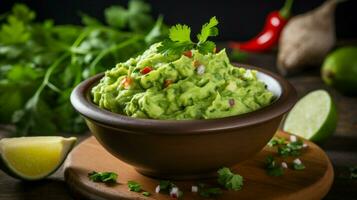 Fresco guacamole inmersión con cilantro Lima y aguacate foto