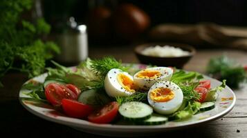 fresh healthy meal boiled egg salad and organic vegetable photo