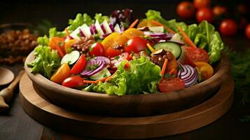 Fresco sano ensalada con orgánico vegetales en un de madera foto