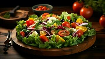 fresh healthy salad with organic vegetables on a wooden photo