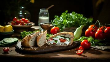 fresh healthy vegetarian meal on wooden table with homemade photo