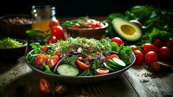 fresh healthy vegetarian meal on wooden table with organic photo