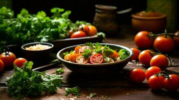 fresh healthy vegetarian meal on wooden table with tomato photo