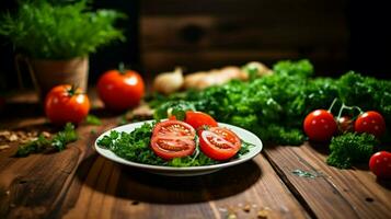 fresh healthy vegetarian meal on wooden table with tomato photo