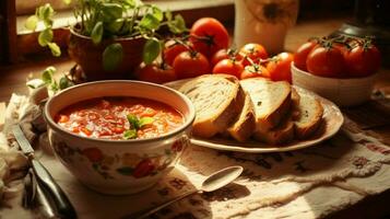 fresh healthy vegetarian meal tomato soup with homemade photo