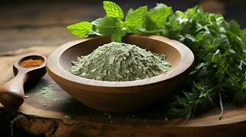 fresh herb seasoning in rustic wood bowl photo