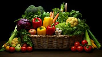 fresh organic fruits and vegetables in multi colored mark photo