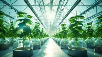 Fresco orgánico planta crecimiento en moderno invernadero tecnología foto