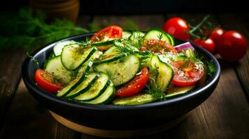 fresh organic vegetarian salad with sliced tomato cucumber photo