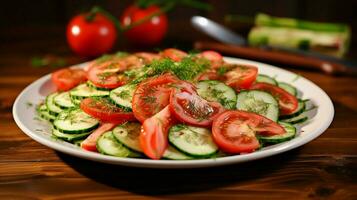 fresh organic vegetarian salad with sliced tomato cucumber photo