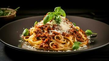 fresh pasta with hearty bolognese and parmesan cheese photo