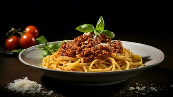 fresh pasta with hearty bolognese and parmesan cheese photo
