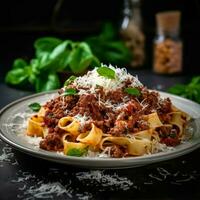 fresh pasta with hearty bolognese and parmesan cheese photo