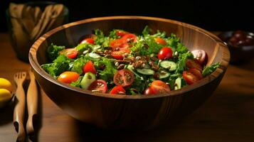 Fresco ensalada en un de madera cuenco un sano vegetariano aperitivo foto