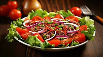 fresh salad with tomato carrot meat and homemade dressing photo