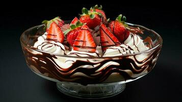 fresh strawberry dessert with chocolate and cream swirls photo